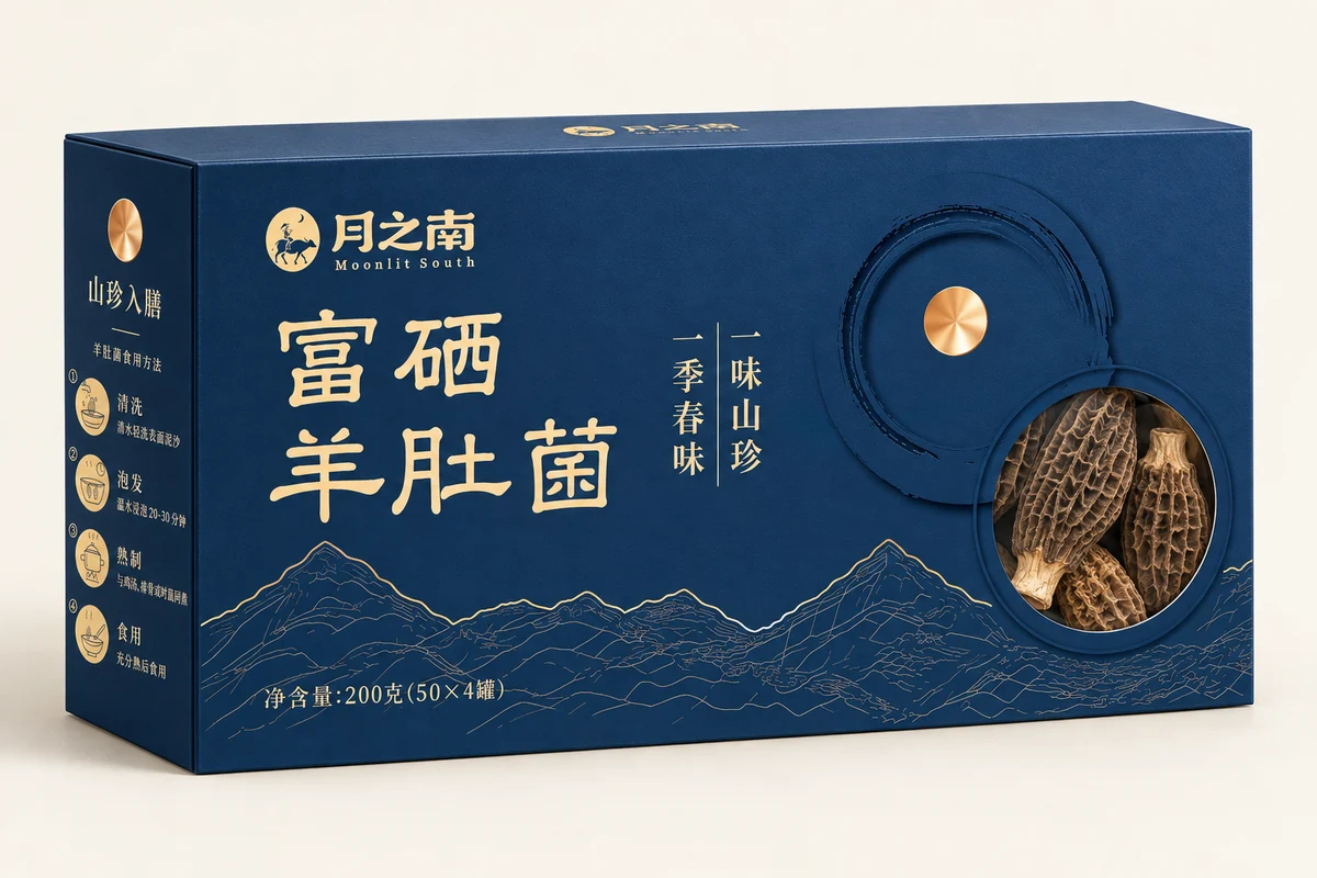 Packaging visualisation of the navy and gold Moonlit South morel gift box